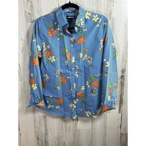 Lands' End Button up, No iron‎ top Blue Standard Size 8 Floral Long Sleeve Shirt